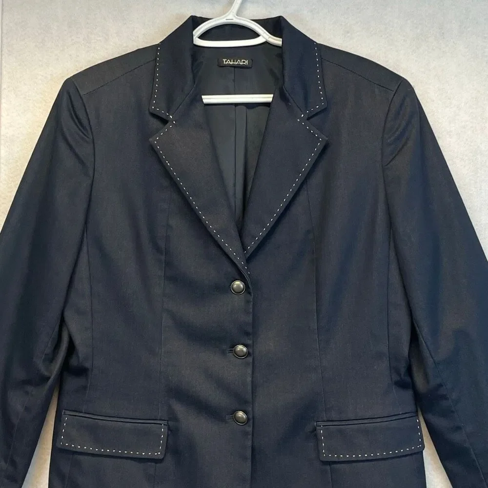 TAHARI Blazer Jacket Women's Size 14 Black Collared Three-Button Single-Breasted - Picture 1 of 13